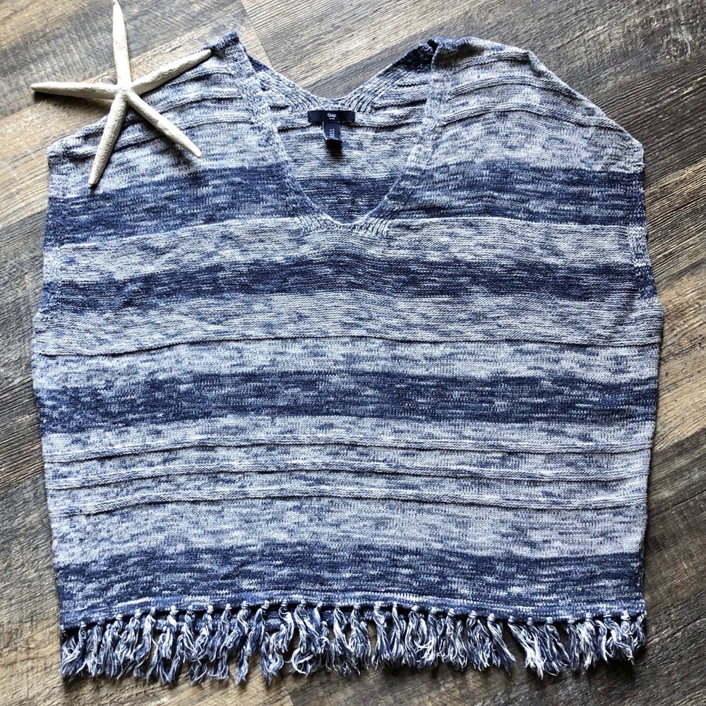 GAP Blue and White Striped Fringe V-Neck Sweater